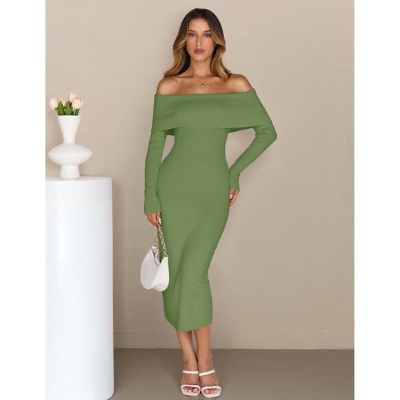 Merokeety Women's Green Off Shoulder Long Sleeve Elegant Bodycon Midi Dress - Picture 2 of 9